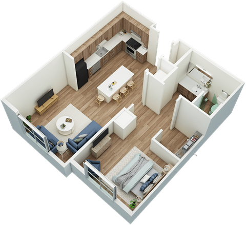 Standard 1-bed, 1-bath 3D floor plan at Greenlawn Manor Apartments in New Smyrna Beach, FL